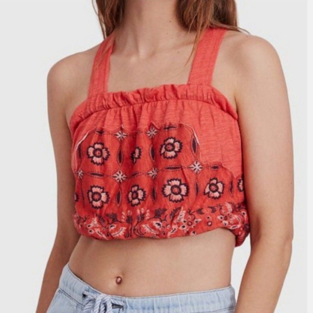 We The Free by Free People Love Life Bubble Crop Top Coral Orange Floral Small S